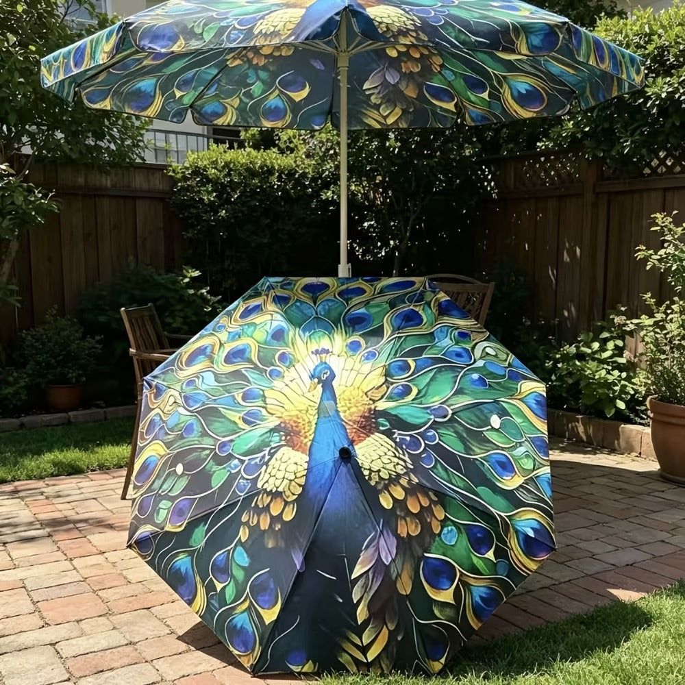 A Folding Umbrella With A Peacock Feather Design - A Lightweight, Retractable Travel Umbrella With A Sturdy 8-rib Frame, Available In Blue, Green, Golden, Purple, Black, Yellow, And Brown. An Elegant Outdoor Umbrella For Both Men And Women.