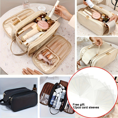 [Large Cosmetic Bag] Card Holder + Makeup Bag Women's Large Capacity High Quality Cosmetic Bag - Tri-Fold Travel Makeup Multiple Zippered Pockets & Wrist Strap for Brushes, Toiletries, Storage, Toiletry Bag | Large Cosmetic Bag