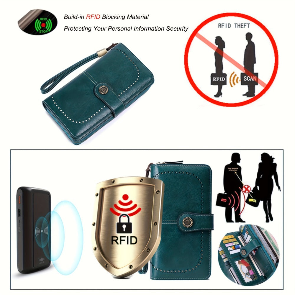 1pc RFID Blocking Long Wallet with 10 Practical Card Sleeves- Stylish Synthetic Leather Zipper Purse with Wrist Strap, Multi-Functional Card Holder for Women
