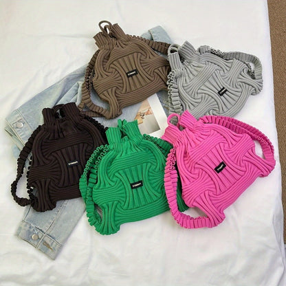 Korean Chic Knitted Top-Handle Bag - Soft Fabric Material, Adjustable Fixed Shoulder Straps, Partial Lining, and No-Closure Design for Effortless Casual, Vacation, and Daily Use