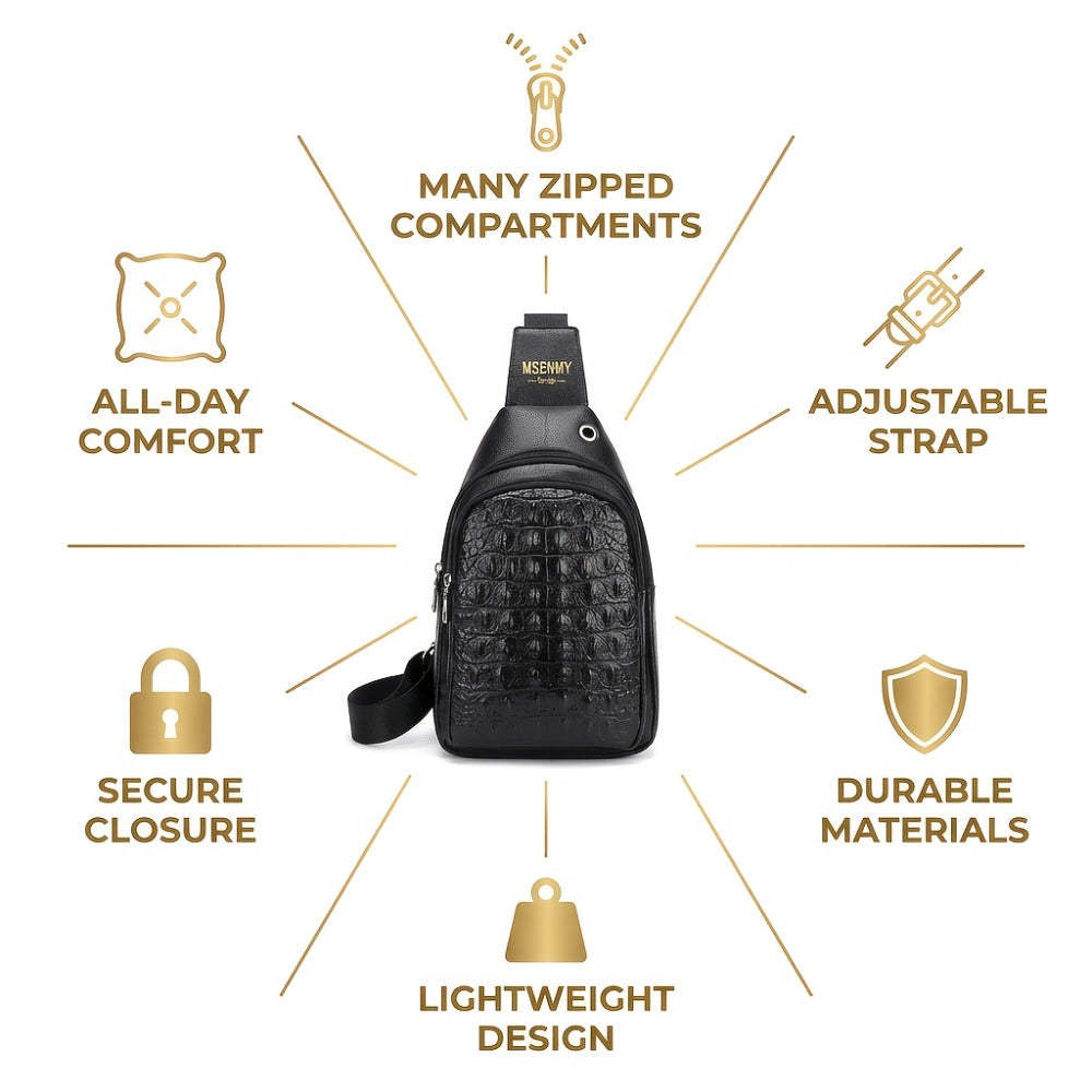 Men' PU Crocodile Texture Crossbody Bag with Adjustable Strap & Earphone Hole - Large Capacity Multi-Compartment Waist/Waist Bag Suitable for Daily Commute, Travel, Business, Retro Style, Sturdy Durable for Phone, Tablet, Earphones