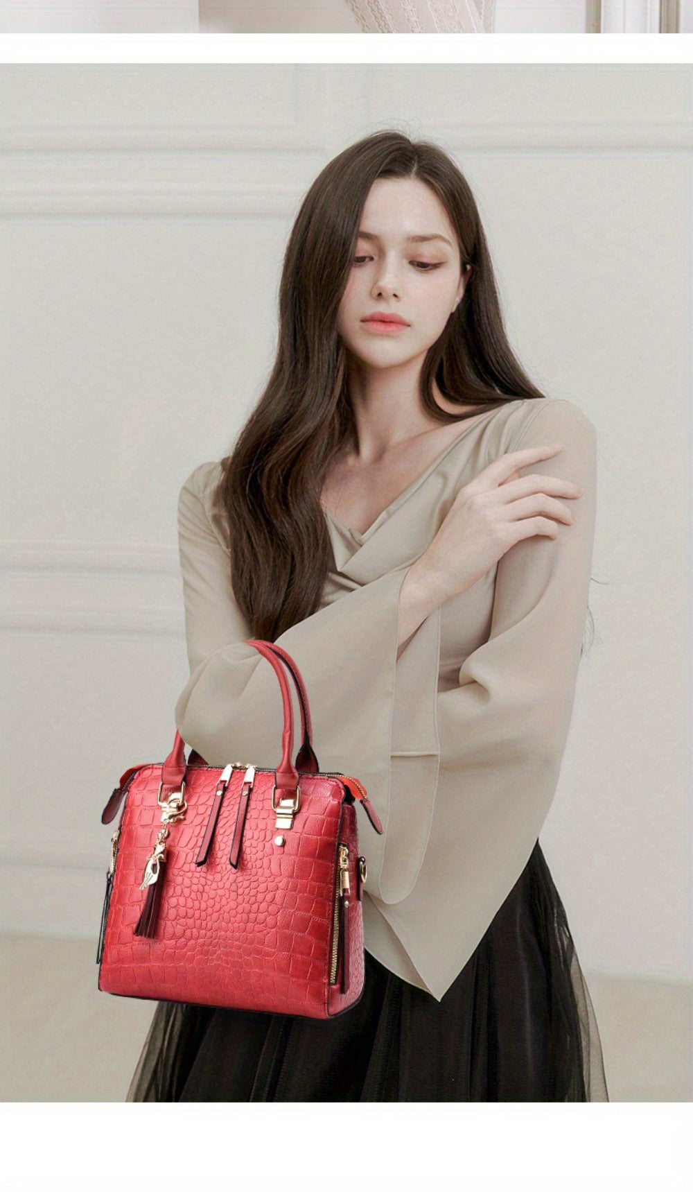 Fashion Crocodile Pattern Women's Handbag 2pcs Set, Women's Shoulder Bag with Tassel Decoration, Metal Cat Pendant Crossbody Bag