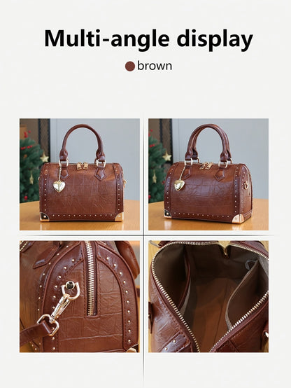 2026 New Stylish High-End Women'S Tote Bag, Large Capacity Boston Pillow Bag, Vintage Studded Box Bag, Trendy Street Style Versatile Handbag, Box Bag