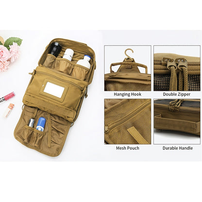 Tactical Toiletry Bag for Men - Hanging Travel Dopp Kit, Shaving Hygiene Organizer, Durable Bathroom Essentials for Short Trips & Camping Khaki(No Molle)