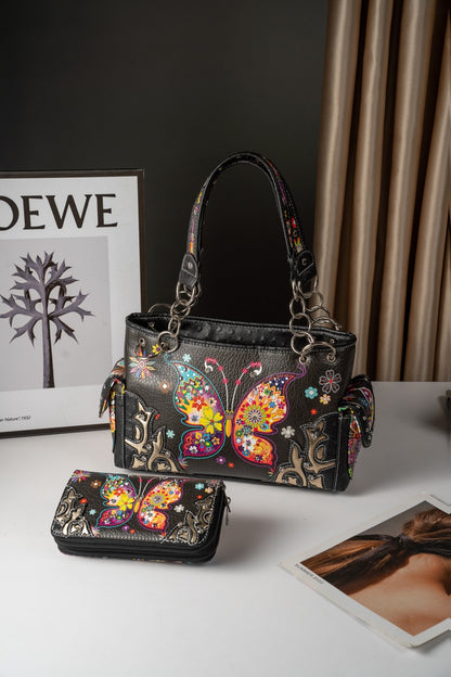 Butterfly Flower Western Hidden Spring Handbag, Country Tote Bag, Women's Shoulder Bag and Wallet Set, Ideal Christmas Gift