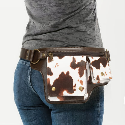 Multi Functional Practical Cow Pattern Waist Bag, Printed Waist Bag, Fashionable Collision, Metal Accessory Texture, Multi Pocket Practical And Multifunctional Design Handmade Waist Bag, Adjustable Chest Bag with Multiple Buckles
