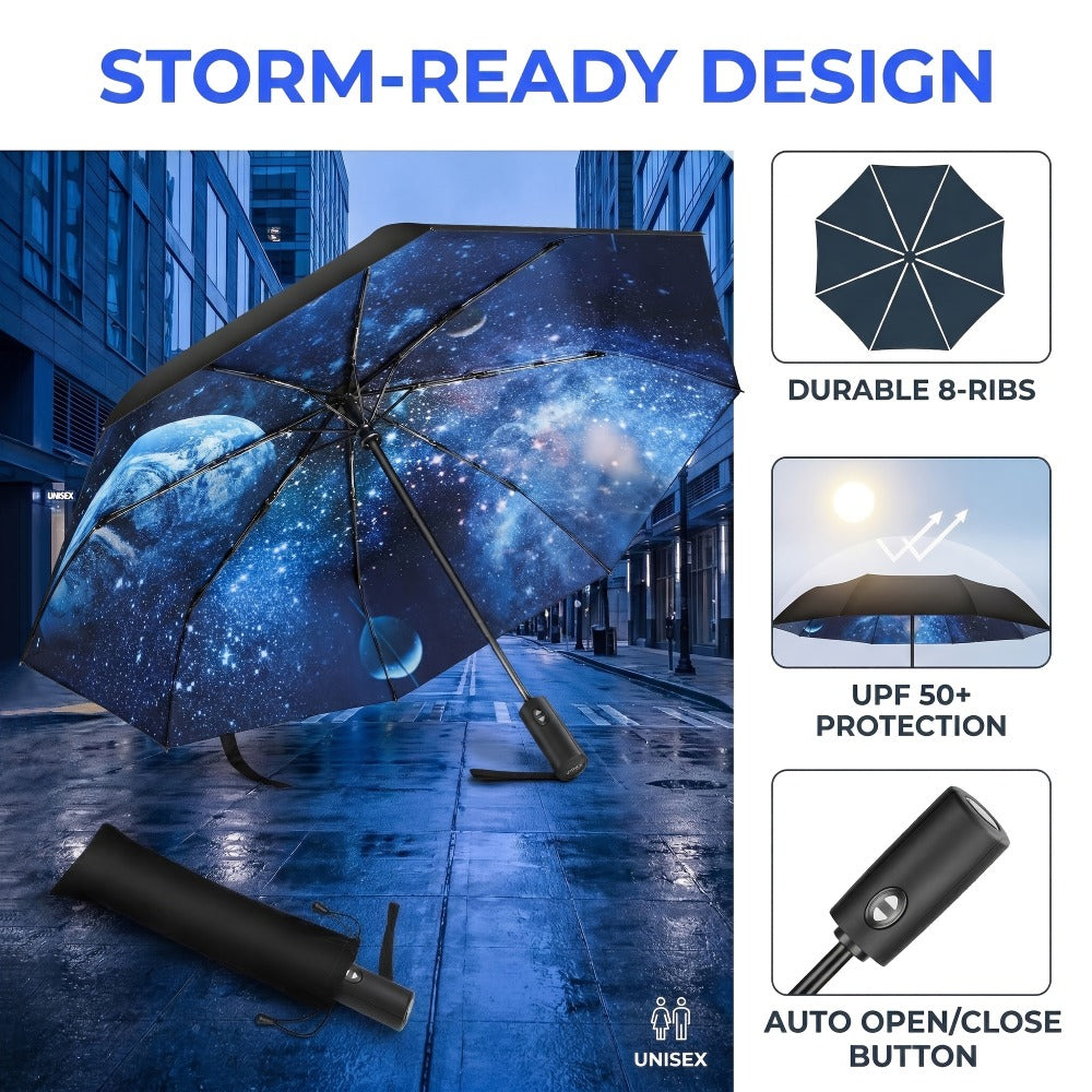 Portable And Sturdy Compact Umbrellas Designed to Withstand Rain And Wind, Featuring Automatic Opening, a Premium Handle, Vibrant Designs, And Foldable for Easy Travel, Making Them Ideal for Use in And While on The Move