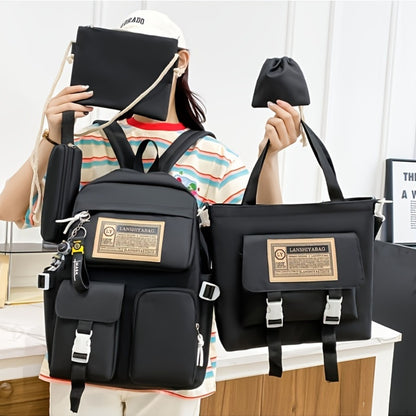 5pcs Solid Color Backpack, Women's Travel Bag, Large Capacity Backpack, Simple Tote Bag, Pencil Case, Casual Crossbody Bag, Lightweight Student Shoulder Bag
