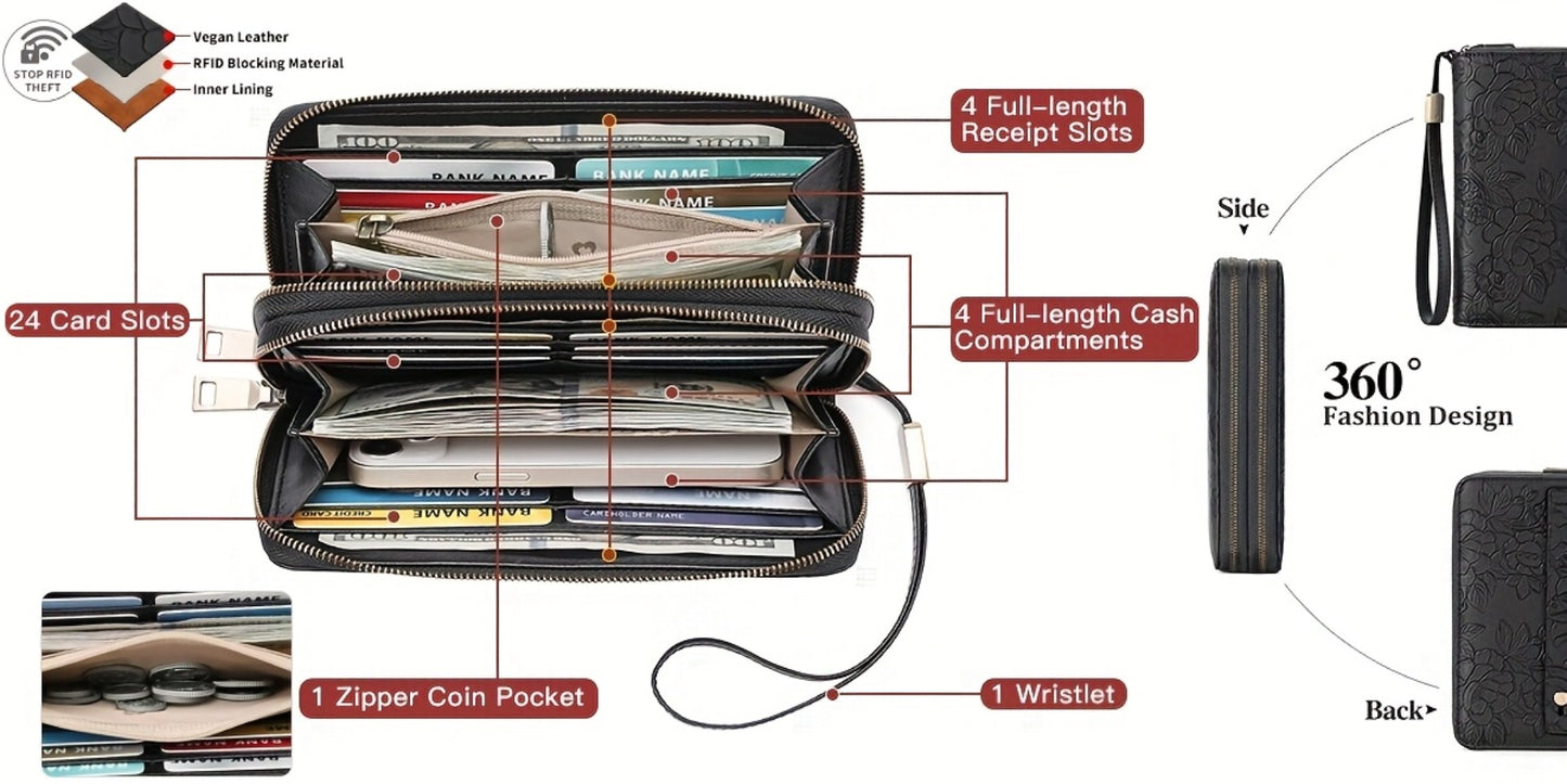 Wristlet Purse for Women, RFID Blocking Large Capacity Clutch Wallet with 24 Card Slots & Zipper Coin Pocket, Detachable Wrist Strap for Travel Gift for Her, Floral Print