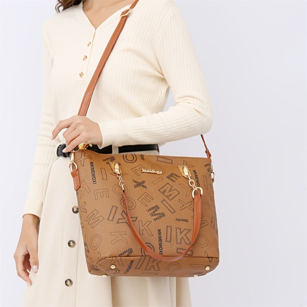 6pcs/Set Women'S Fashion Retro Letter Print Shoulder Bag, Handbag, Wallet, Key Bag, Six-Piece Set, Commuting, Casual, Shopping, Tote Bag, Women'S Bag Set