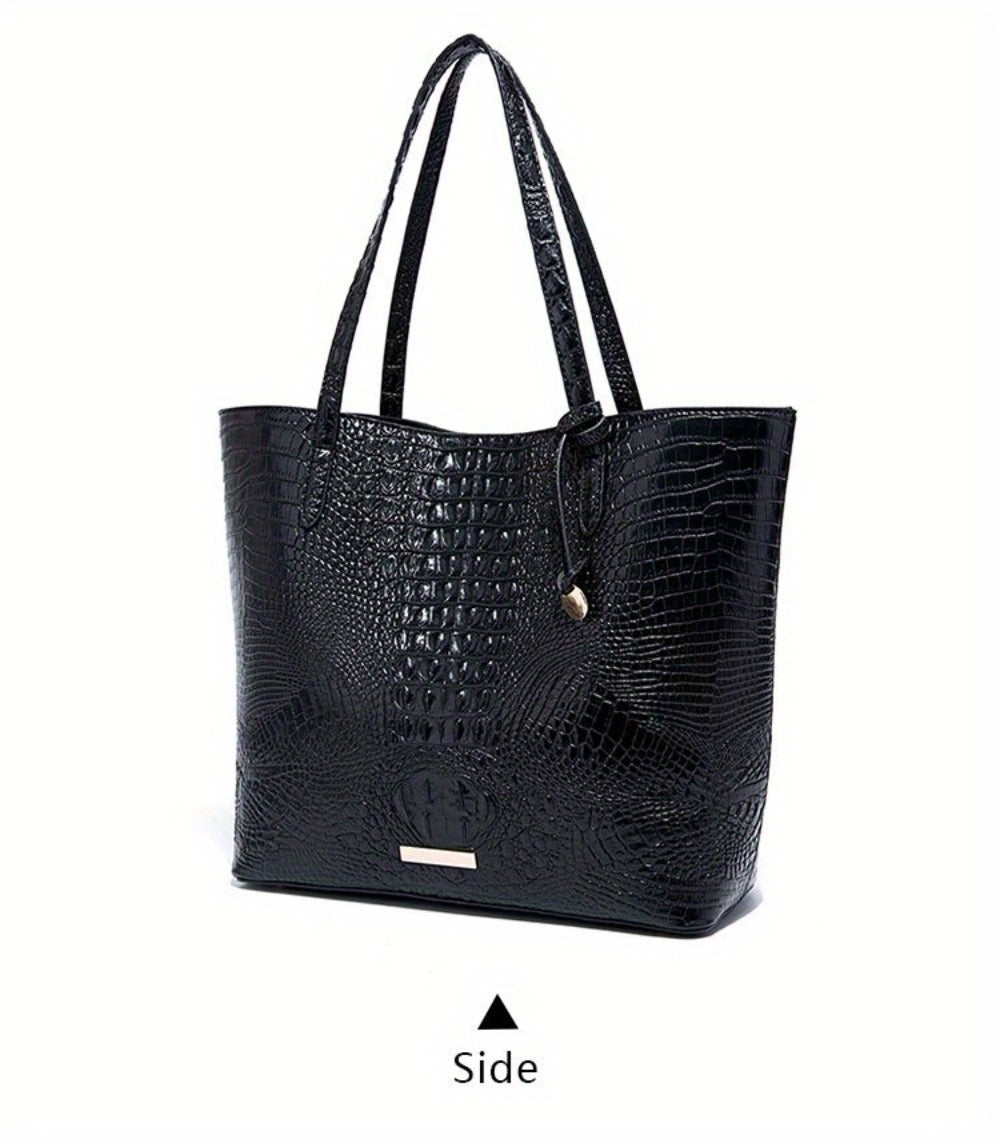 Stylish Two-Part Tote Bag Featuring a Crocodile Design And Elegant Metal Details, Offering Ample Storage for Versatile Carrying Options, Ideal for Various Occasions