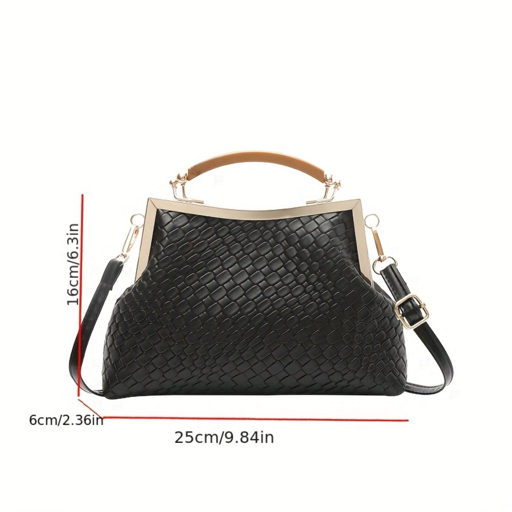 1pc Women'S Elegant Synthetic Crossbody Bag with Detachable Strap And Kiss Lock Closure - Luxury Embossed Design, Golden-Tone Hardware, - Coffee Brown, Red, Green, Black for Weddings, Parties, Evening Events