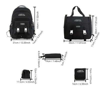 5pcs/Set Campus Fashionable Backpack Set for Men Women, Large Capacity Satchel Backpack And Tote Bag And Sling Bag And Pencil Pouch And Drawstring Small Bag, School Bag Set for Daily Commute, Ideal Gifts for Students