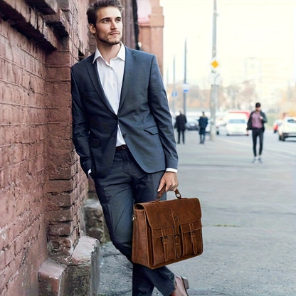 RAINSMORE Men's Crossbody Bag 15.6-Inch Vintage Laptop Briefcase Large Laptop Bag Handbag Computer Shoulder Bag for Office Business Travel College, Brown