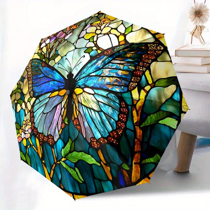 Auto Open-Close Umbrella - Painted Butterfly Pattern with Blue And Golden Floral Design, Sturdy 8-Frame Structure, Auto Fold/Unfold Function, Portable Travel Umbrella, Suitable for Women, Parties And Daily Use, Elegant Sunshade