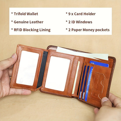 1pc Men's Genuine Leather Zipper Wallet, Top Layer Cowhide RFID Blocking Wallet, Vintage Multi-functional Wallet with 2 ID Card Windows, Ideal Gift for Men