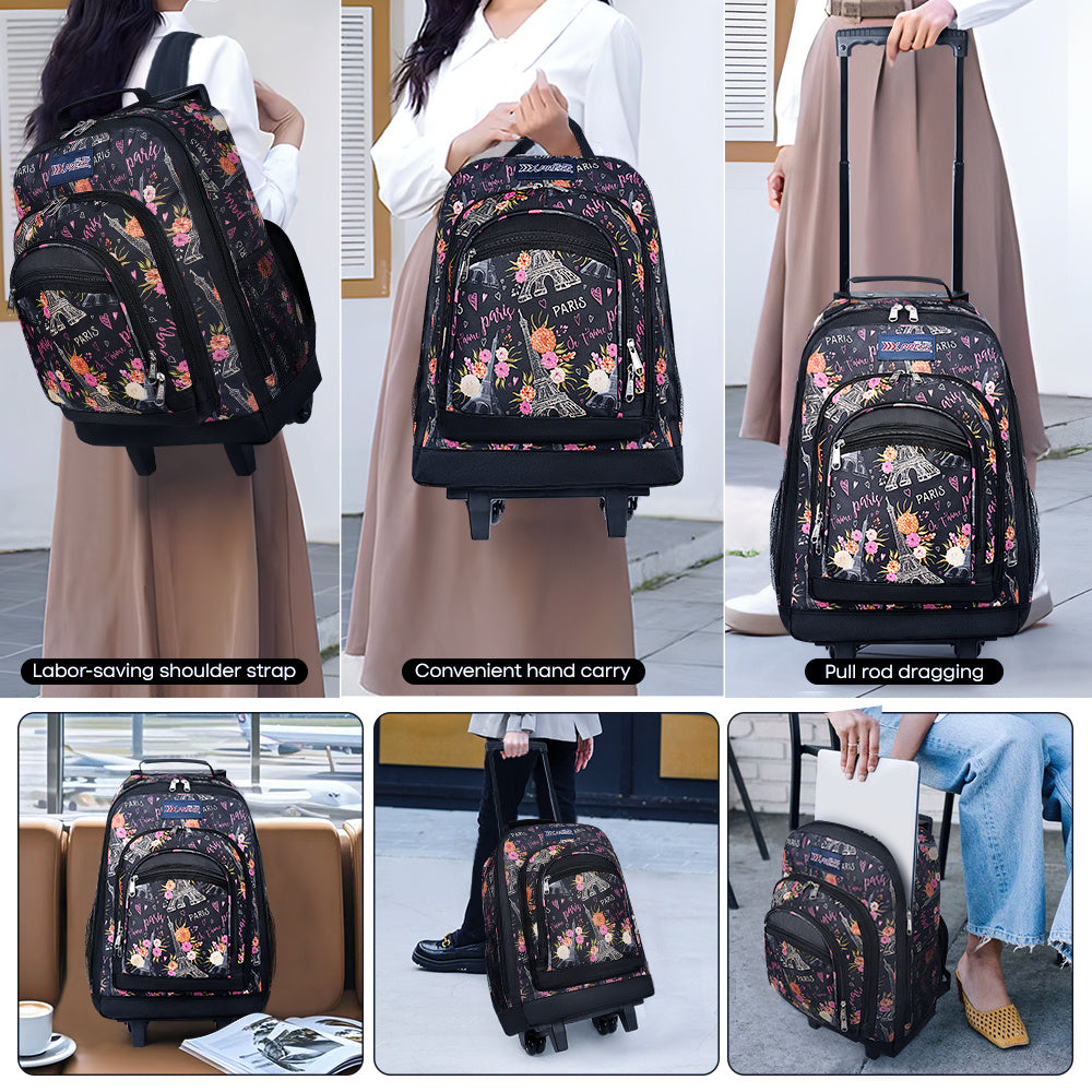 20 Inch Travel Rolling Backpack with Retractable Handle,Large Capacity Backpack with Wheels for Women & Men,Printing Travel Trolley Suitcase Bag for Weekend, School, Overnight, Work