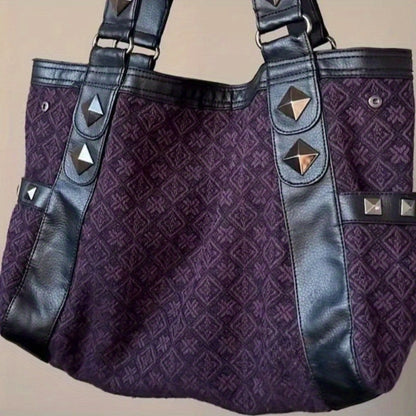 Sanrio Hello Kitty Gothic Vintage Purple Handbag with Black Embellishments Durable Nylon, Zipper Closure, Multi-Function Underarm Bag, Skull & Crossbones Design, Studded Details, Y2K Style for Daily Use
