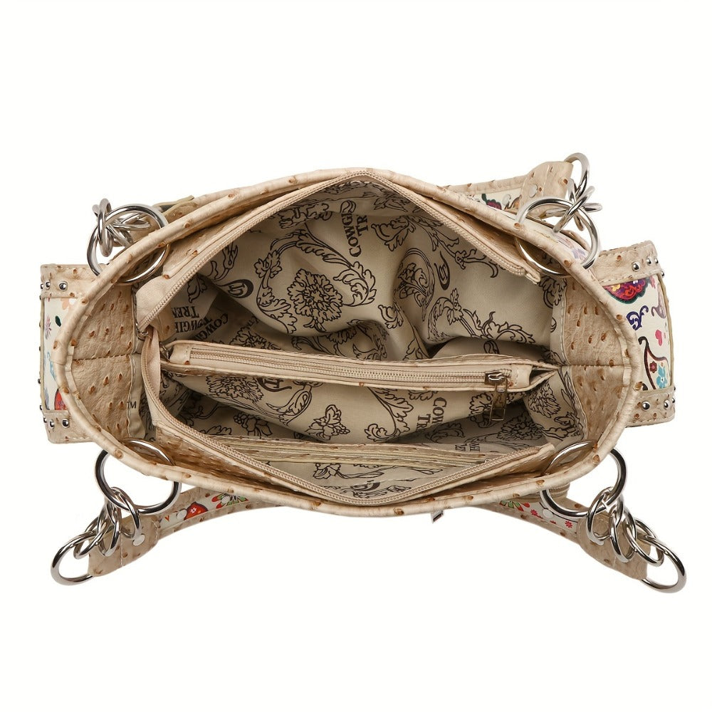 Butterfly Flower Western Hidden Spring Handbag, Country Tote Bag, Women's Shoulder Bag and Wallet Set, Ideal Christmas Gift