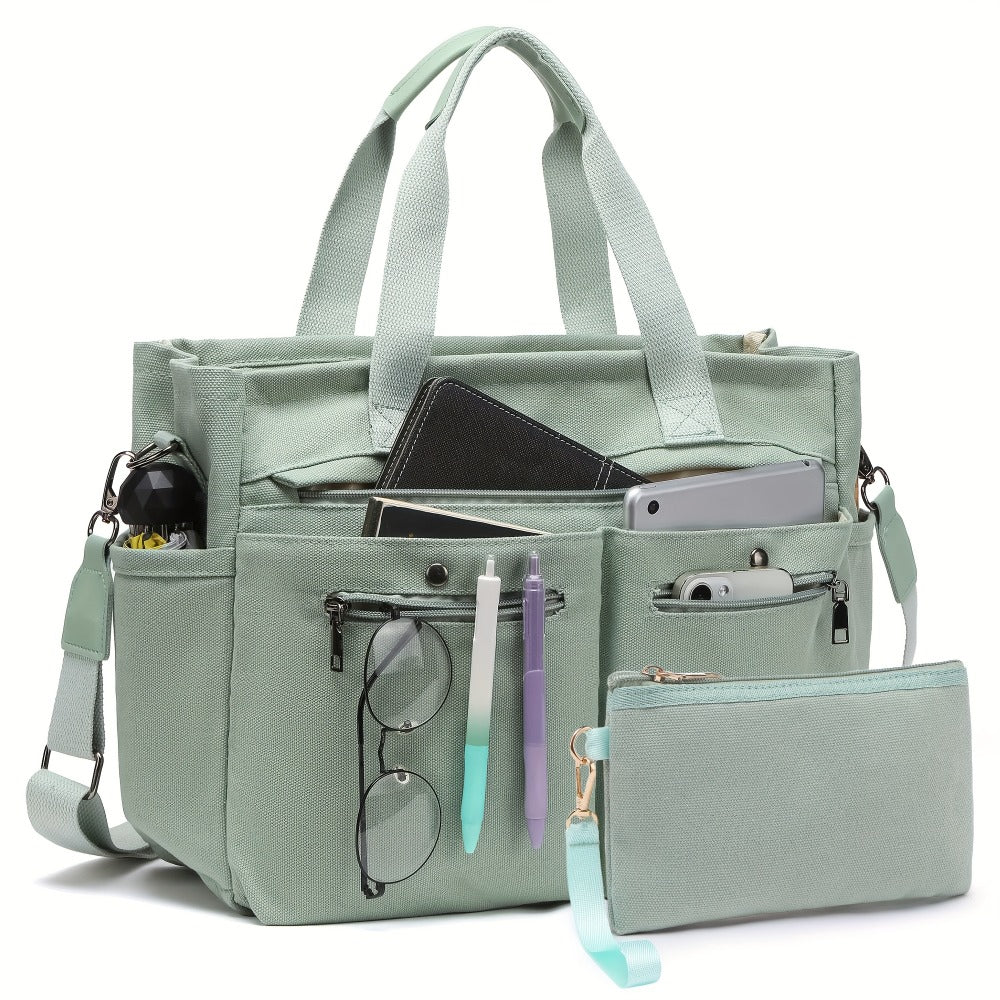 2pcs set of Women's canvas handbags - multi-functional laptop work bag, crossbody shoulder bag, casual and fashionable hobo bag, suitable for travel, fitness and daily use