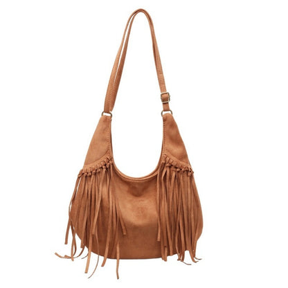 Women's Vintage Large Capacity Dumpling Bag - / Crossbody Purse with Tassel Fringe, Detachable Strap & Button Closure, Underarm Handbag for Fall/Winter (///) - Casual & Dressy Outfits