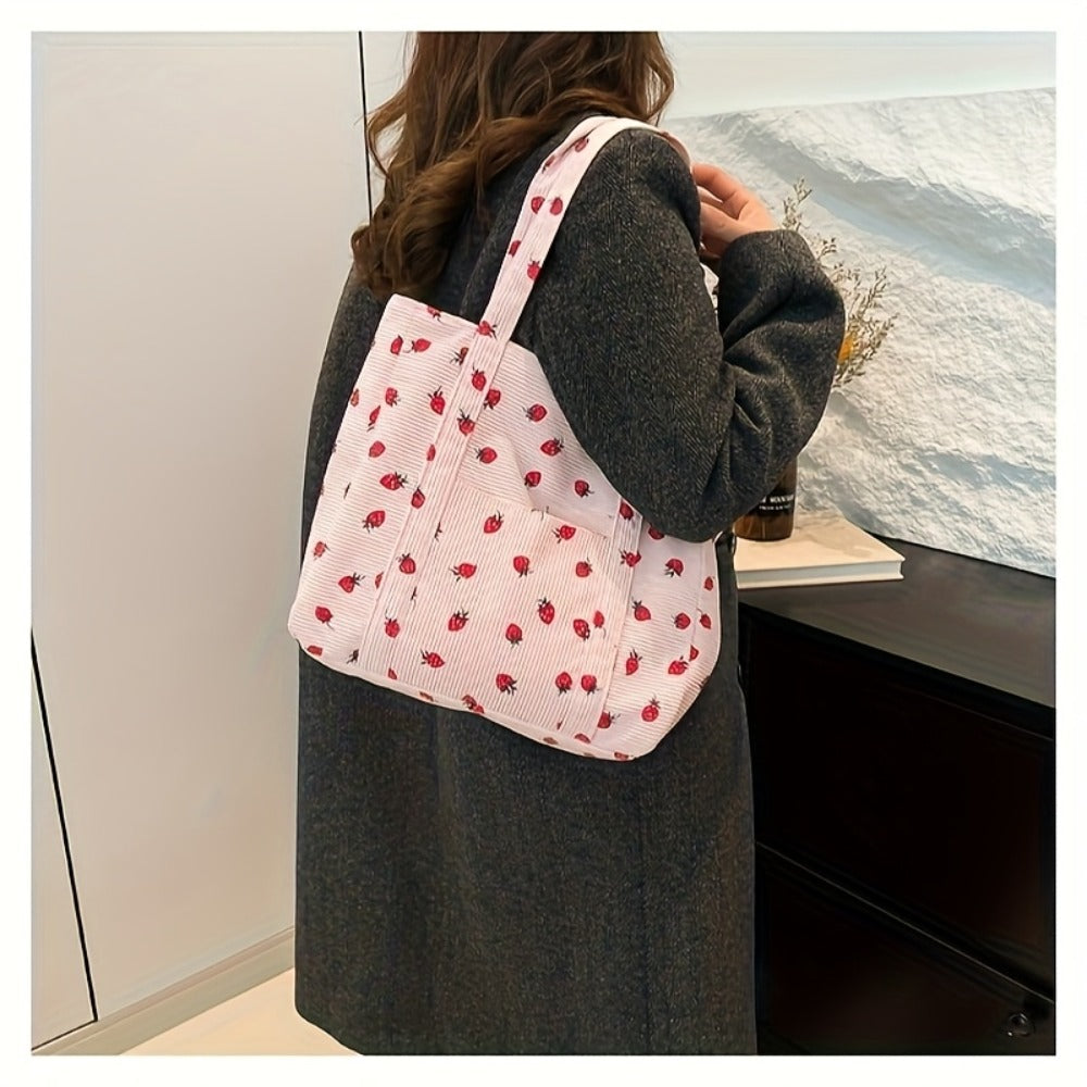 Women' Large Capacity Corduroy Tote Bag with Strawberry Pattern - /// Casual Handbag, Zipper Closure & - Corduroy Shoulder Bag for, Travel, Shopping