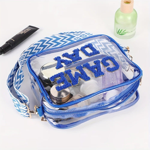 PVC Transparent Crossbody Bag with Embroidered Letter Design, Transparent Square Shoulder Bag with Zipper Closure And Painted Edges, Portable Travel Toiletry Organizer, Suitable for Sports, Travel, Beach, And Events
