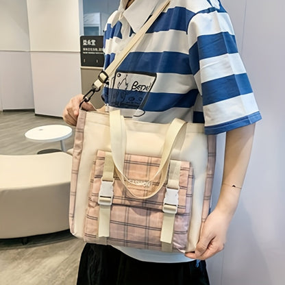 Cute Plaid Cartoon Canvas Five-Piece School Bag, Large Capacity Casual Simple Backpack, Women's Travel Bag Cosmetic Bag, for Girls And Women, Suitable Stationery Bag, Women's Wallet, Women's Crossbody Bag, Women's Hand Bag