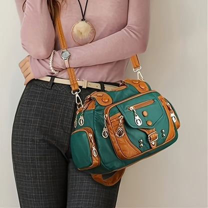 Stylish Tote Bag, Retro Women'S Shoulder Purse, Trendy Handbag, Adjustable Strap Bag, Timeless Zipper And Stud Detail Bag, Versatile Wallet, Various Style Wallet