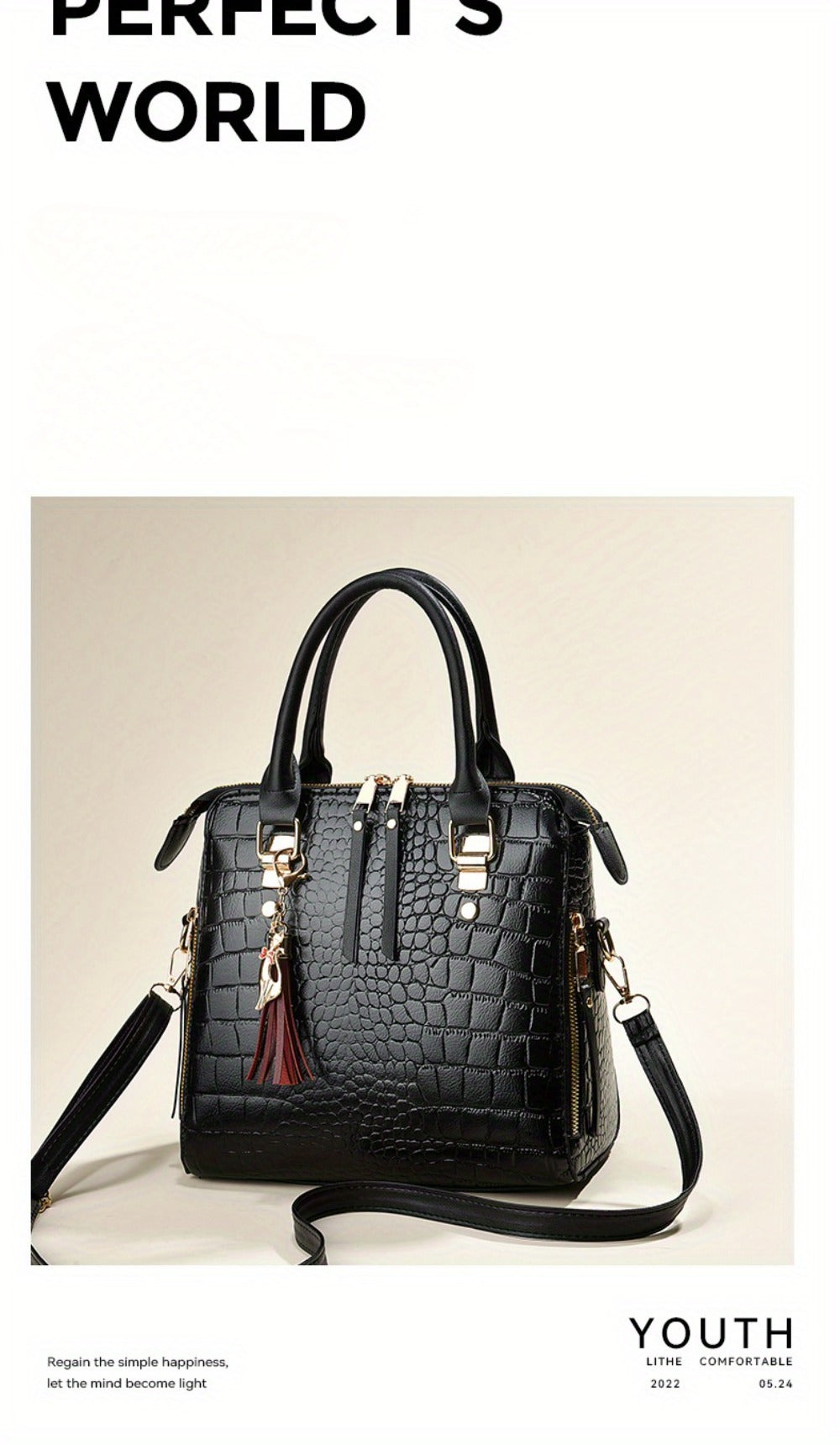 Fashion Crocodile Pattern Women's Handbag 2pcs Set, Women's Shoulder Bag with Tassel Decoration, Metal Cat Pendant Crossbody Bag