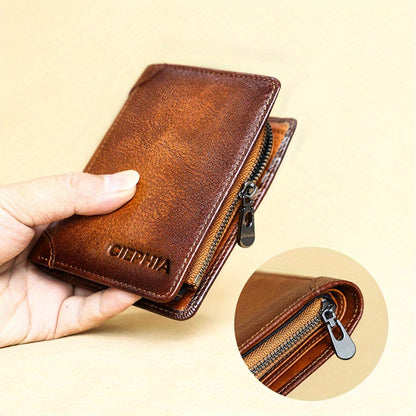 1pc Men'S Vintage Short Genuine Leather Wallet Multi Function Purse RFID Blocking Zipper ID Credit Card Holder Money Bag