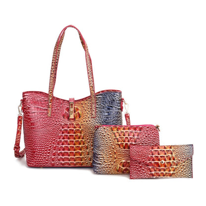 Set of 3: Vibrant Crocodile Design Spacious Faux Leather Tote And Crossbody Bags Along with a Coordinating Wallet, Perfect for Christmas, Mother'S Day, And Halloween Presents