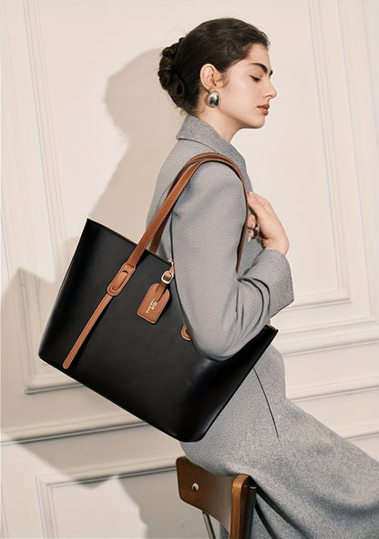Women's Minimalist Large Capacity Tote Bag - Black with Brown Accents, Durable & Zipper Closure, Sturdy Fixed Shoulder Straps for Office, Commute, Work & Casual Use