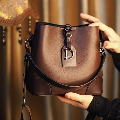Fashionable Women'S Bucket Bag - Casual Crossbody Bag, Golden Accessory Design, Black/Brown, Adjustable And Detachable Shoulder Strap, Suitable for Daily Use