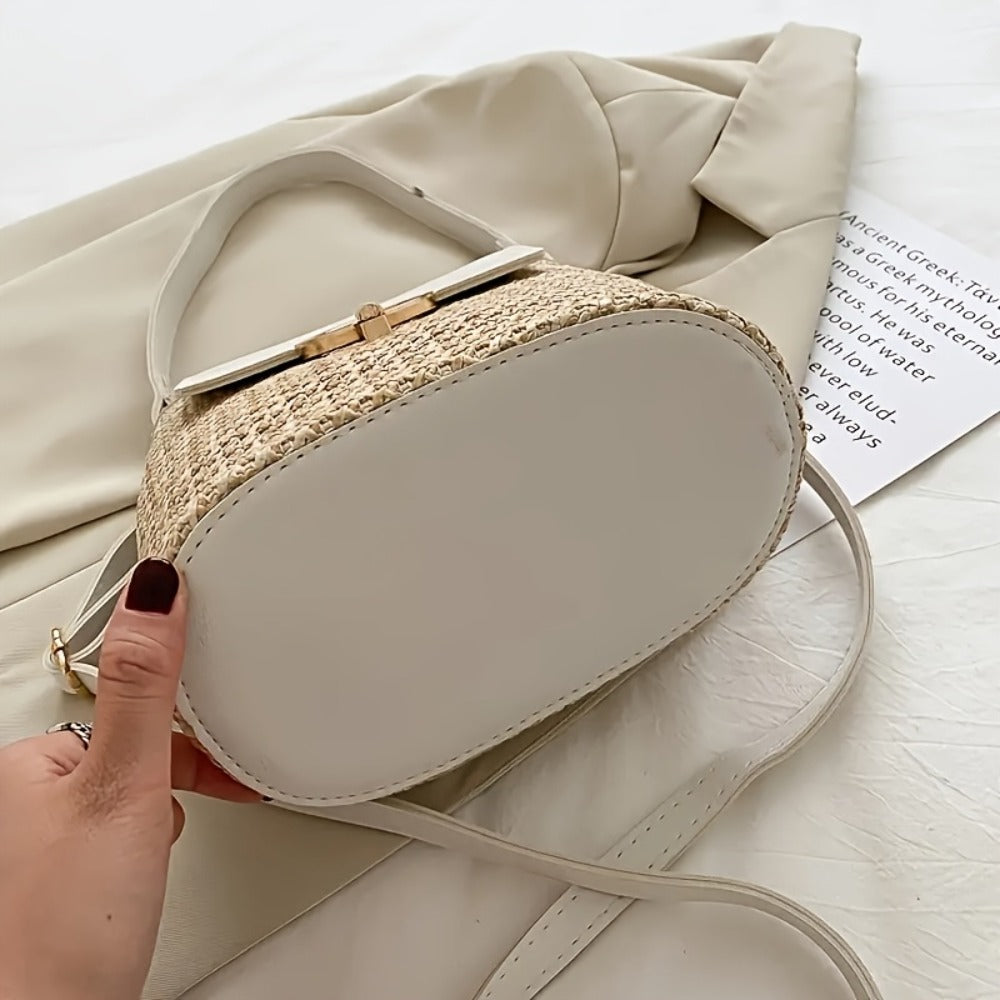 Elegant Beach Bag, Handbag, Woven Material, Portable Leisure Simple One-shoulder Crossbody Bag, High-quality with Lock Design. Top Vacation Choices