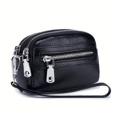 Coin Purse for Women Genuine Leather Small Triple Zipper Coin Wallet Pouch with Removable Wristlet Strap