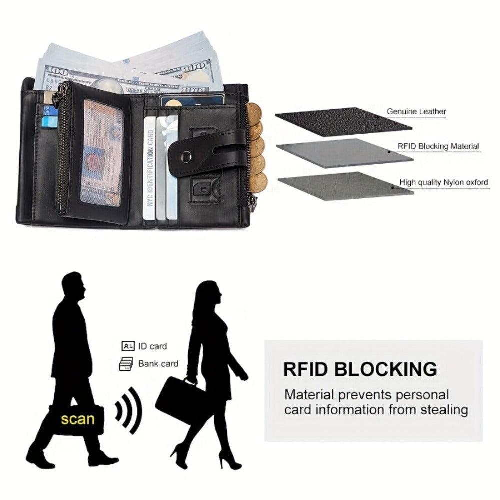 Men'S Wallet with Chain, Leather Short Wallet, RFID Shielding Card Clip, Double Zipper Change Bag, Anti-Theft Wallet, Ideal Gift for Men