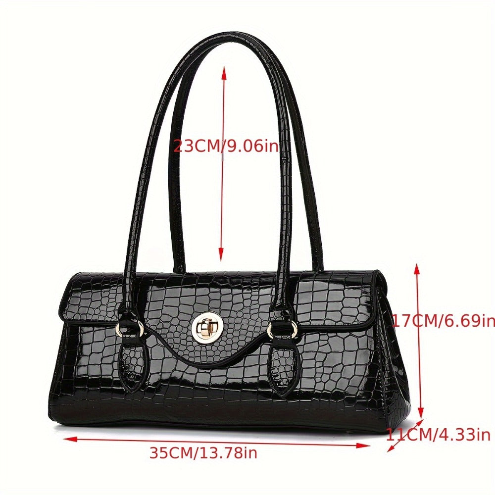 Women's Handbag, Shoulder Bag, and Tote Bag with High-Gloss Crocodile-Embossed Textured Pattern, Randomly Cut, Shoulder Bag, Crossbody Bag, Tote Bag with Metal Round Lock Clasp