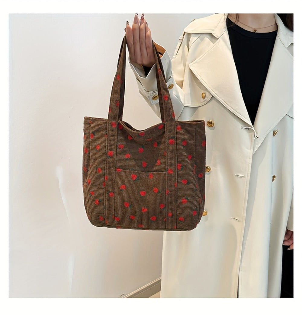 Women' Large Capacity Corduroy Tote Bag with Strawberry Pattern - /// Casual Handbag, Zipper Closure & - Corduroy Shoulder Bag for, Travel, Shopping