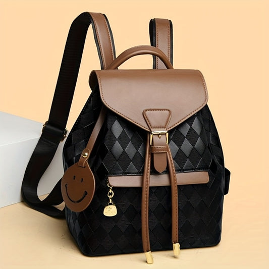 Women's Professional & Everyday Backpack - Coffee Brown & Black -like Bag with Adjustable Strap, Golden Buckle, Zipper Closure - Lightweight Purse for Work, Travel, College, Casual Outings - Gift Idea with Face Charm Charm, Playful Design, Durable Constru