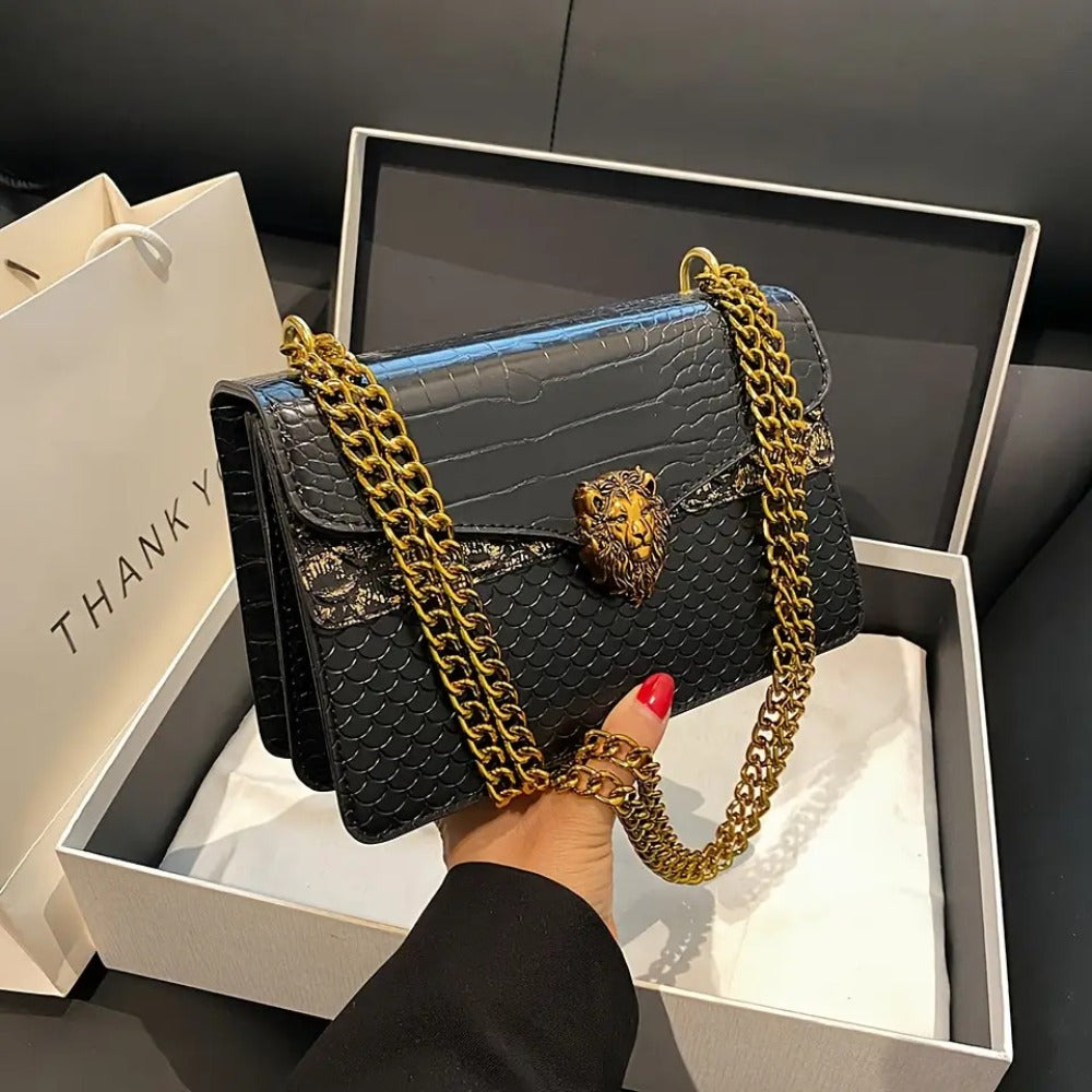2025 New Women'S Crossbody Bag with Golden Chain And Animal Headdress- Small Square Shoulder Bag, Urban Fashion Buckle Closure Design, Suitable for Casual And Formal Looks, Multifunctional Accessory, High-End Elegant Handbag, Fashion Item