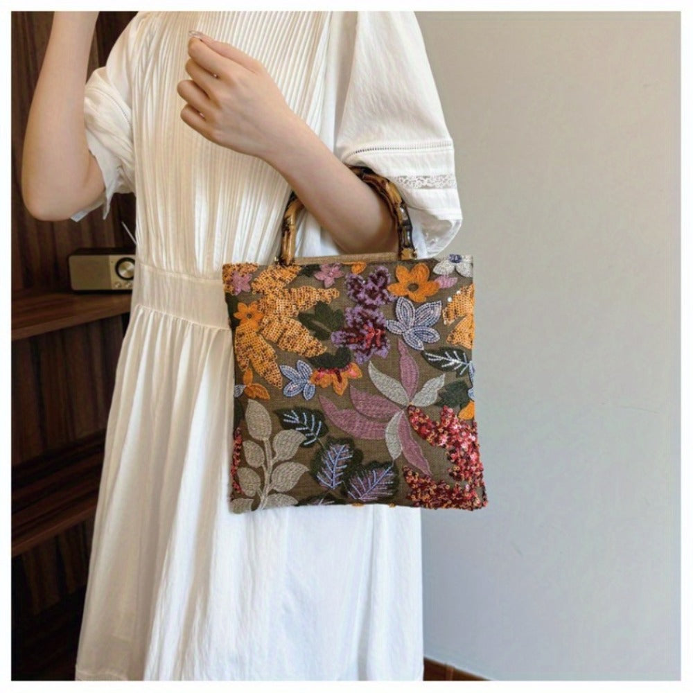 [Retro Bamboo Tote] Premium Retro Bamboo Tote Bag | Women's Hand Carry Heavy Industry Embroidery Color Sequins Tide Dinner Bag