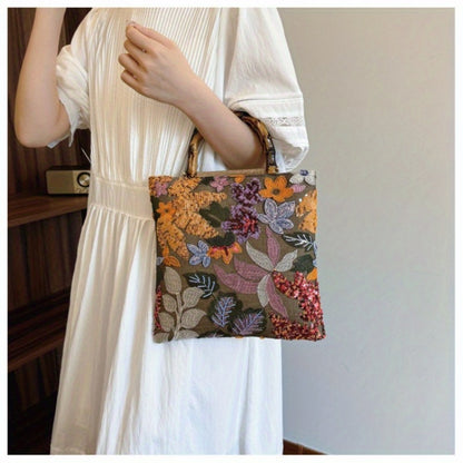 [Retro Bamboo Tote] Premium Retro Bamboo Tote Bag | Women's Hand Carry Heavy Industry Embroidery Color Sequins Tide Dinner Bag
