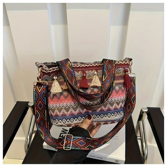 Vintage Bohemian Style Tassel Handbag For Women, Large Capacity Durable Tote For Casual & Festive Occasions, Geometric Embroidery Shoulder Bag, Stylish Streetwear Accessory, Crossbody Bag Purse Christmas Bags For Gifts Christmas Gift Bags