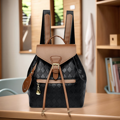 Women's Professional & Everyday Backpack - Coffee Brown & Black -like Bag with Adjustable Strap, Golden Buckle, Zipper Closure - Lightweight Purse for Work, Travel, College, Casual Outings - Gift Idea with Face Charm Charm, Playful Design, Durable Constru