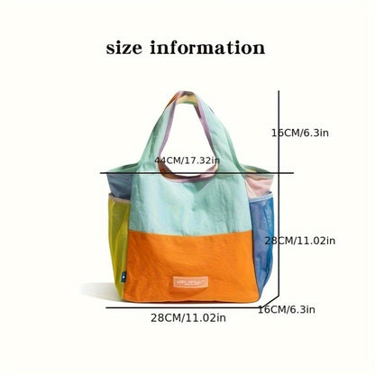Lightweight Patchwork Handbag with Adjustable Strap & Snap Closure - Multicolor Patchwork (////), Machine-Washable Polyester Beach Satchel Bag Suitable for Casual & Dressy Outfits