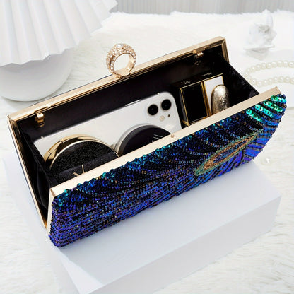 [Evening Clutch Purse] Vintage Beaded Sequins Rhinestone Evening Clutch Purse Luxury Peacock Feather Women Dinner Party Evening Bag Handbag for Wedding Formal