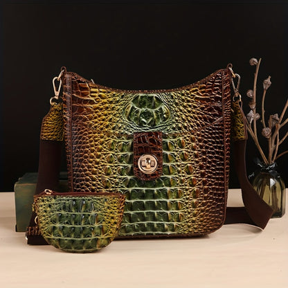 Trendy Crossbody Bag with Crocodile Pattern - Premium Bucket And Coin Purse Style - Multi-Purpose Shoulder Bag Suitable for Any Event