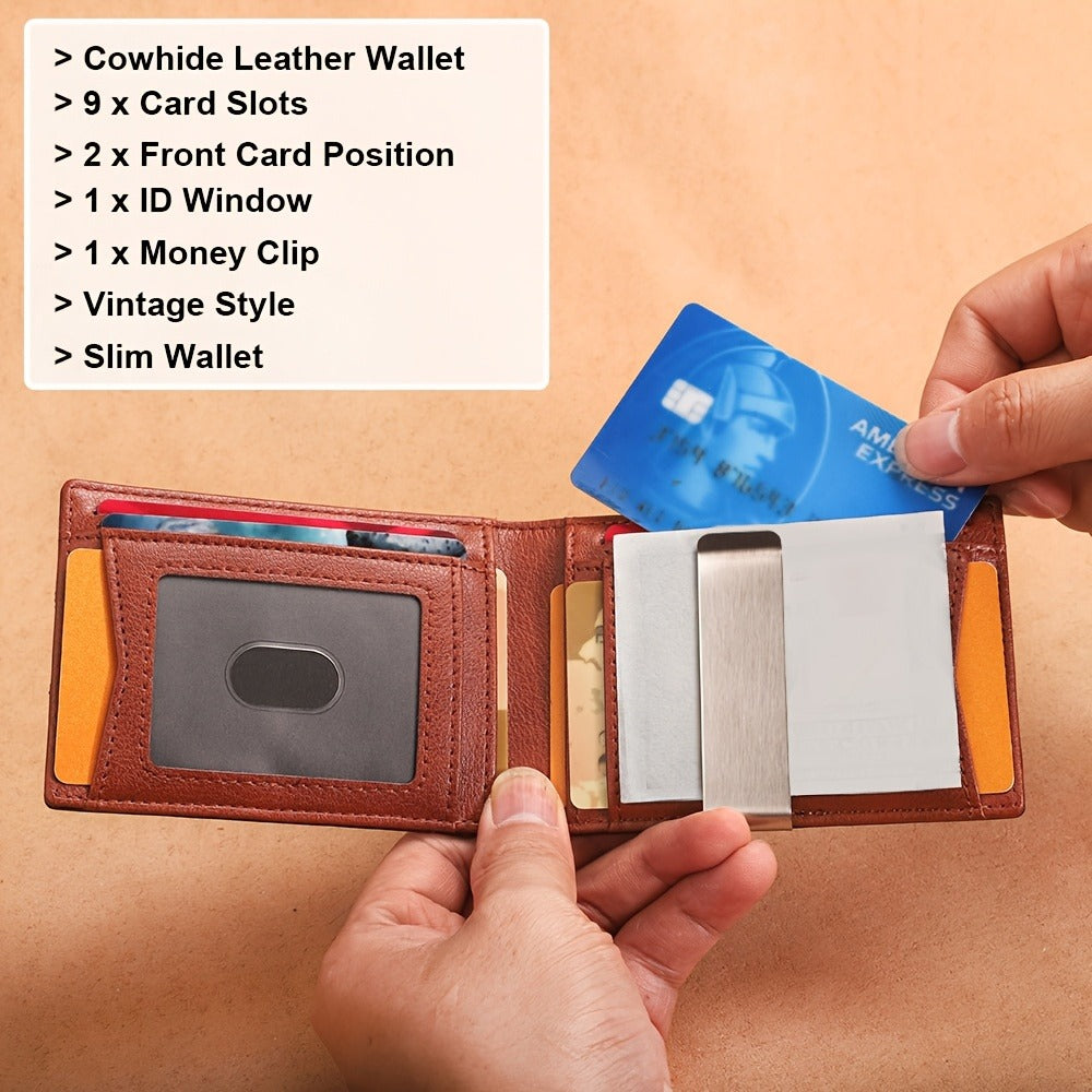 CIEPHIA Genuine Leather RFID Blocking Wallet - Slim Retro Bifold with Front Pocket & for id Slot, 12-Card Holder Suitable for ID, Credit Cards, Cash, Driver' License Holder, Minimalist Gift for Everyday Carry