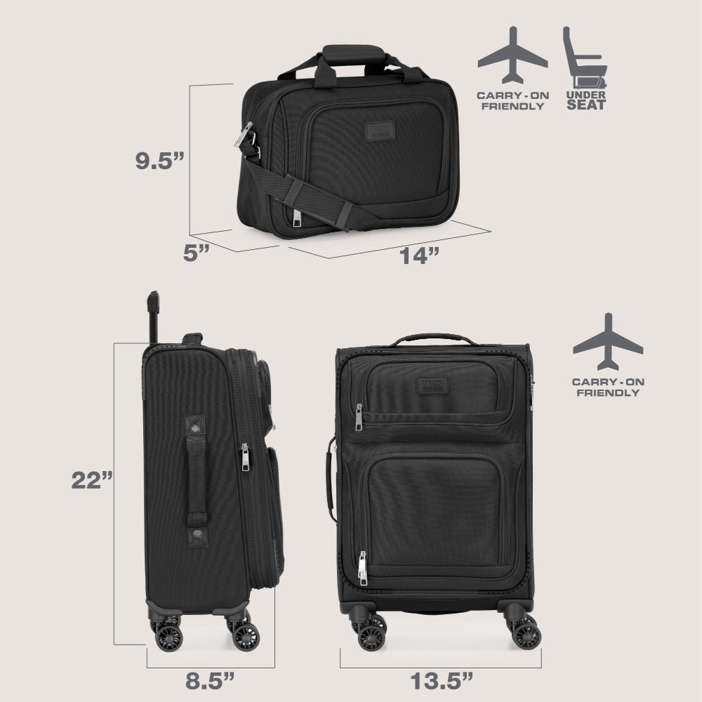 U.S. Traveler Rio II 2-Pcs Polyester Carry-on Suitcase w/ Tote | Soft Shell, Lightweight, Expandable & 360° Dual Spinner Wheels | Two-Tone, Colorblock, Matching Color, Black, Evergreen & Teal - Travel Luggage Set for Travel, Business Trips, and Weekend Ge